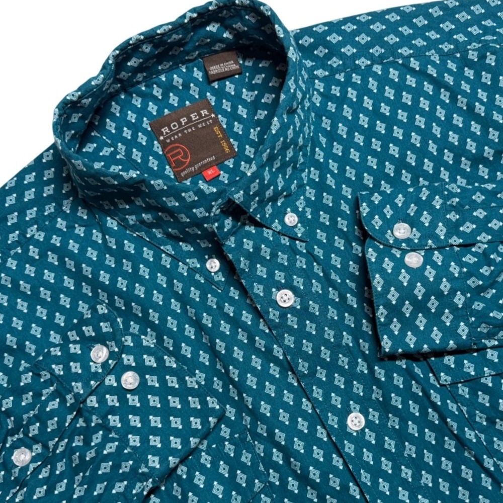 Roper‎ Mens XL Button Down Shirt Teal Geometric Diamond Western Cotton Ranchwear